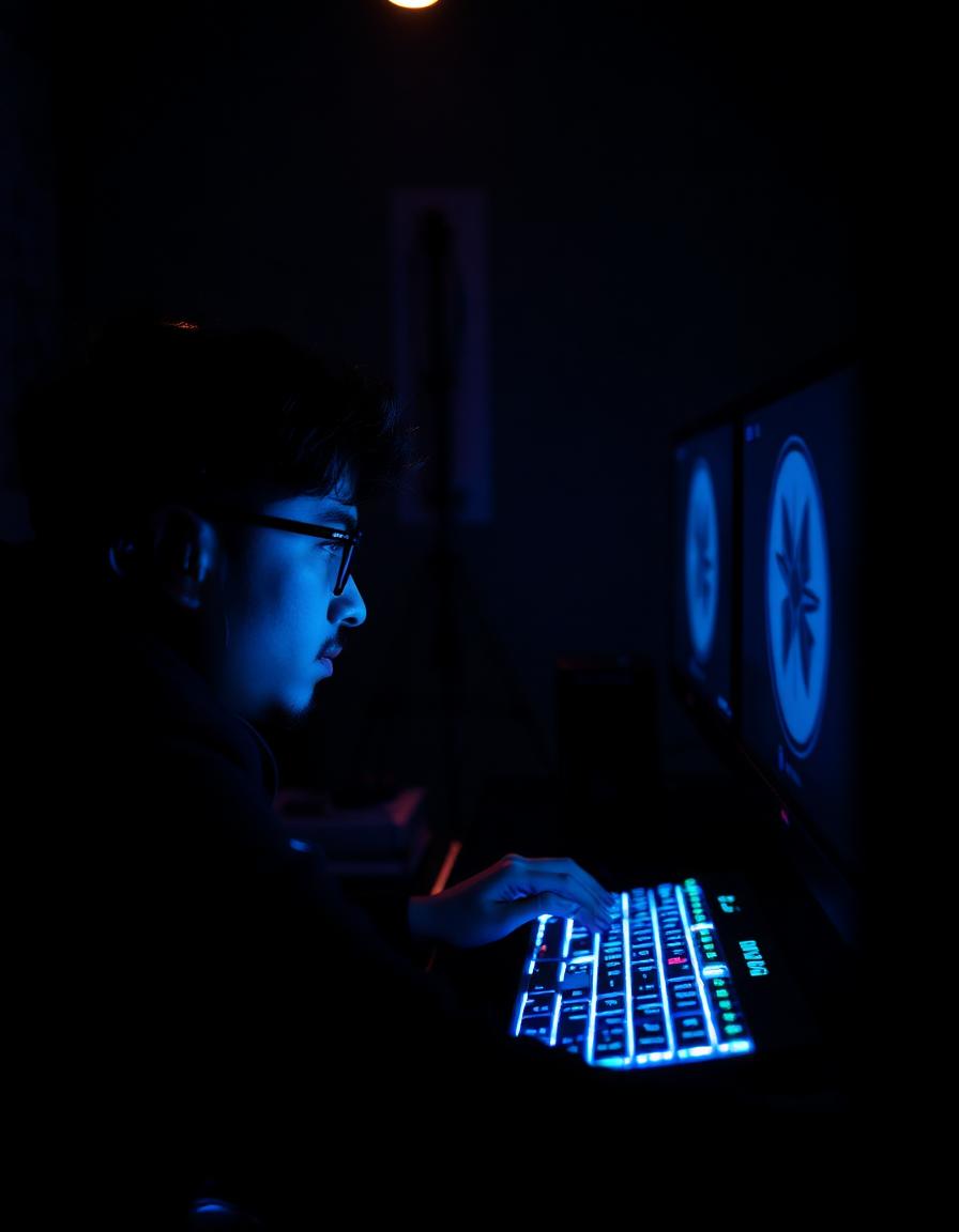 Gamer at night with RGB keyboard